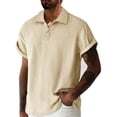 thumbnail image 2 of YOIAVAIOY Men's Solid Knit Short Sleeve Polos, Jacquard Lapel Beach Casual Shirt, Lightweight Summer and Vacation Wear Beige M, 2 of 8