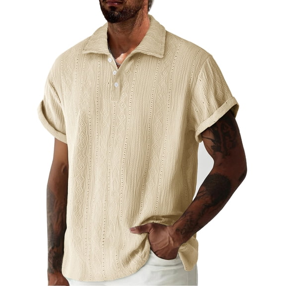 YueHuiYing Men's Solid-Color Button-Front Knit Jacquard Collar Short-Sleeve T-Shirt Top Summer Vacation Beach Shirt