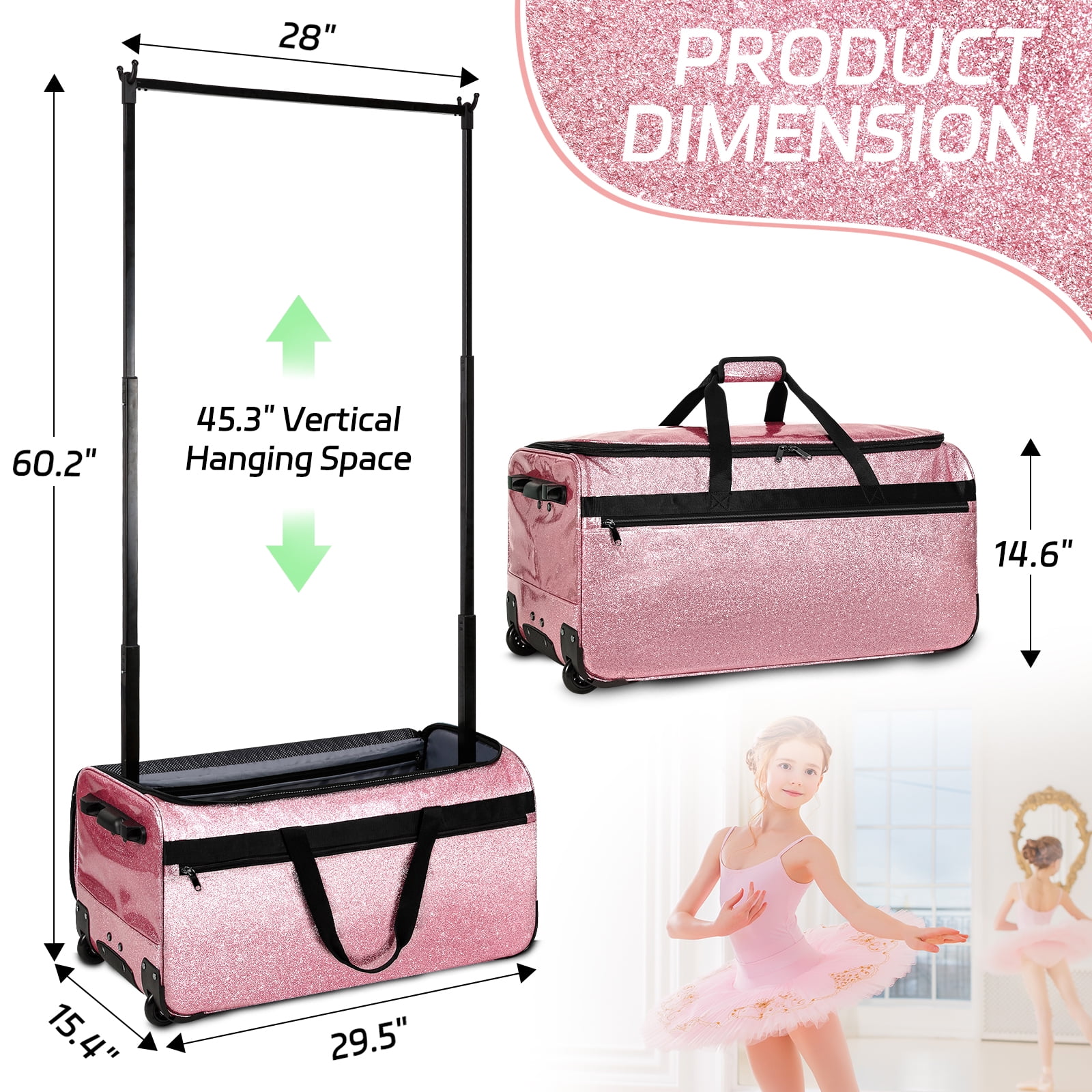Dance Bag with Garment Rack, 28" Rolling Dance Competition Bag for Shows,Travel and Performances