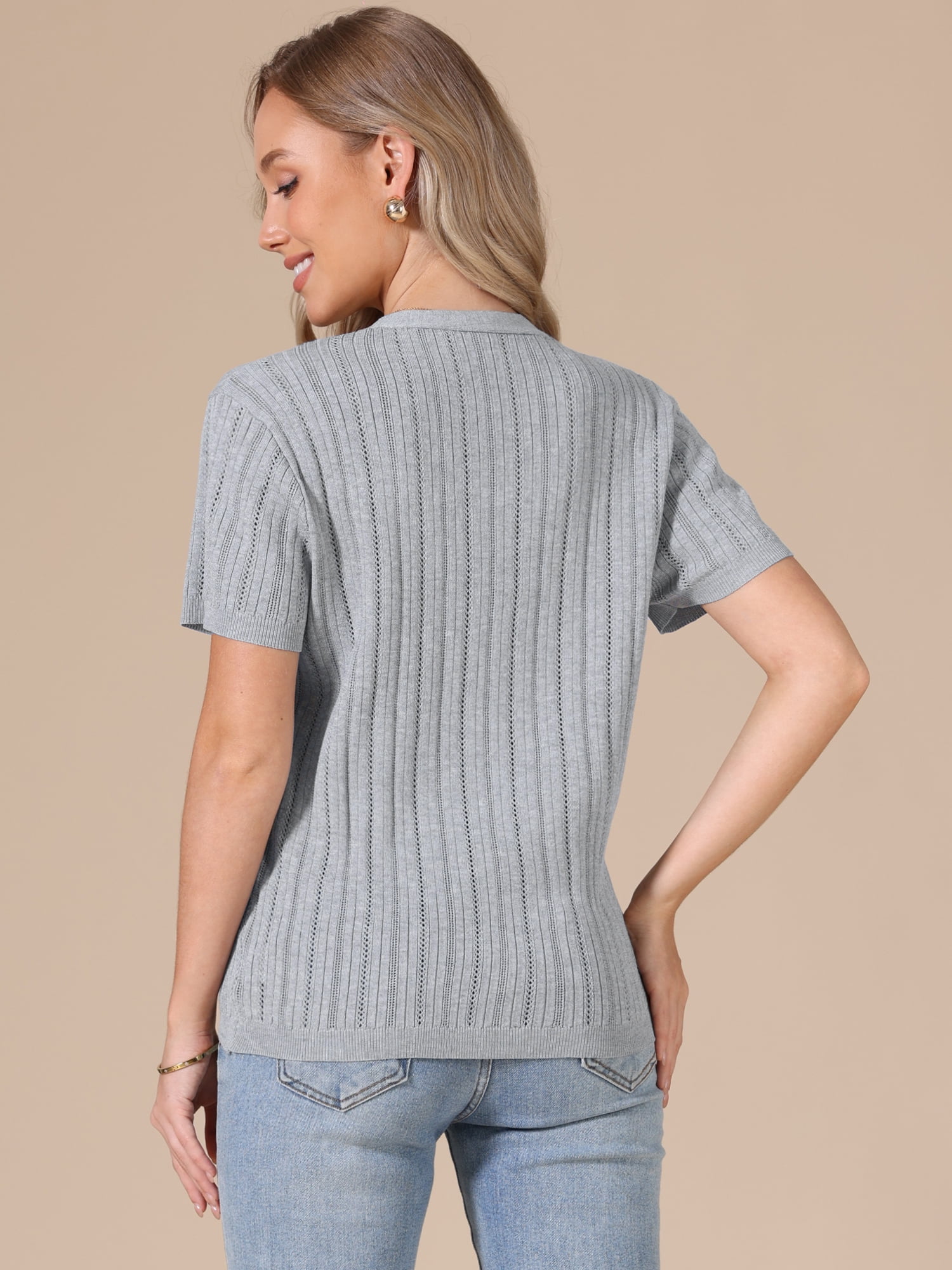 DARING DIVA Women's Eyelet Tops V Neck Short Sleeve Knit Button Down Shirts M Gray