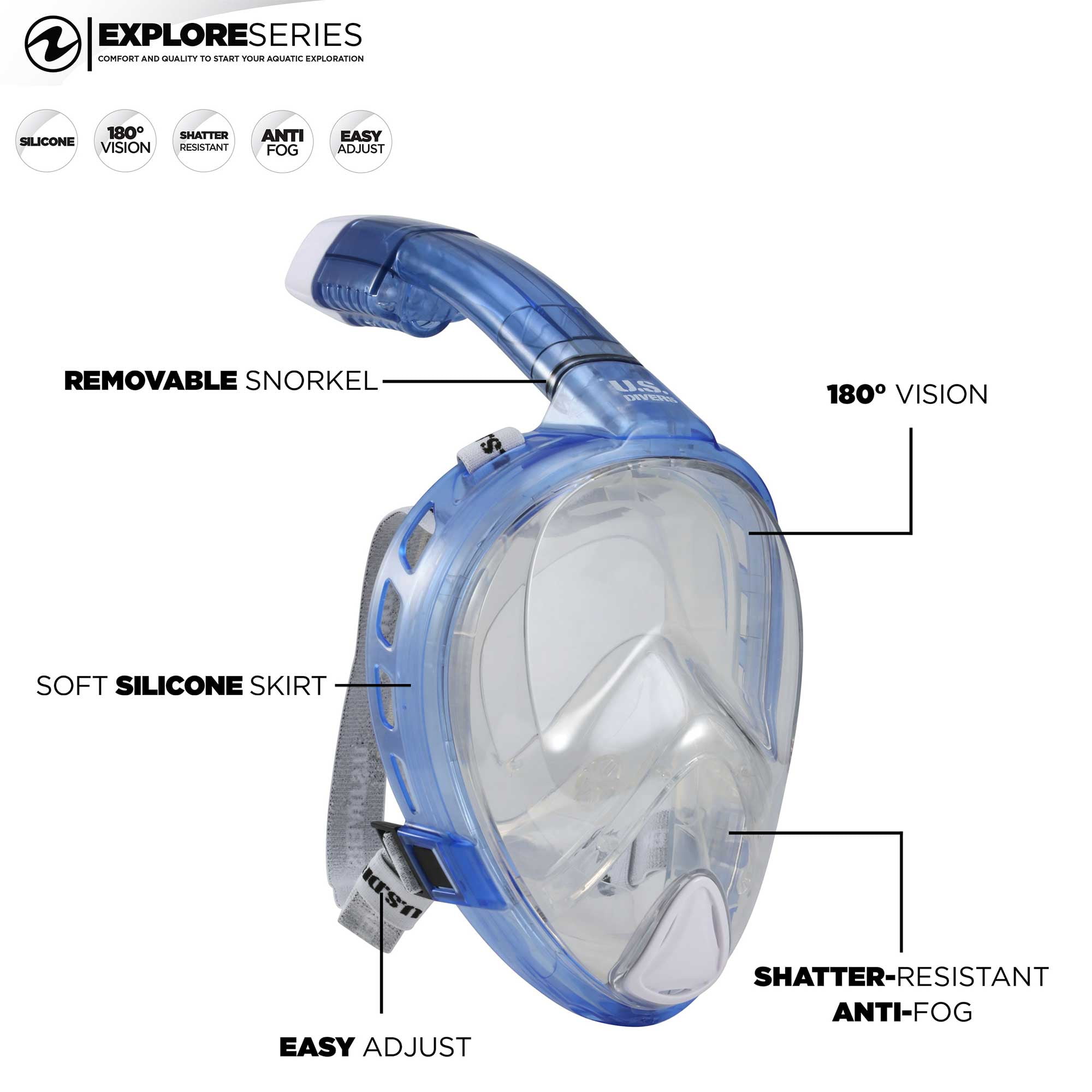 Airgo U.S Divers Full Face Snorkel System Mask Adult LG/XL Easy Breathe Snorkel 