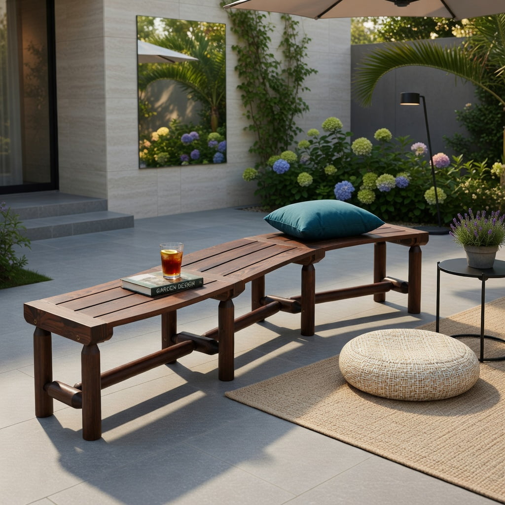 Hommoo Outdoor Curved Patio Bench for Round Tables, Slatted Wood Bench, 55" Seating, Easy Assembly, Rustic Brown