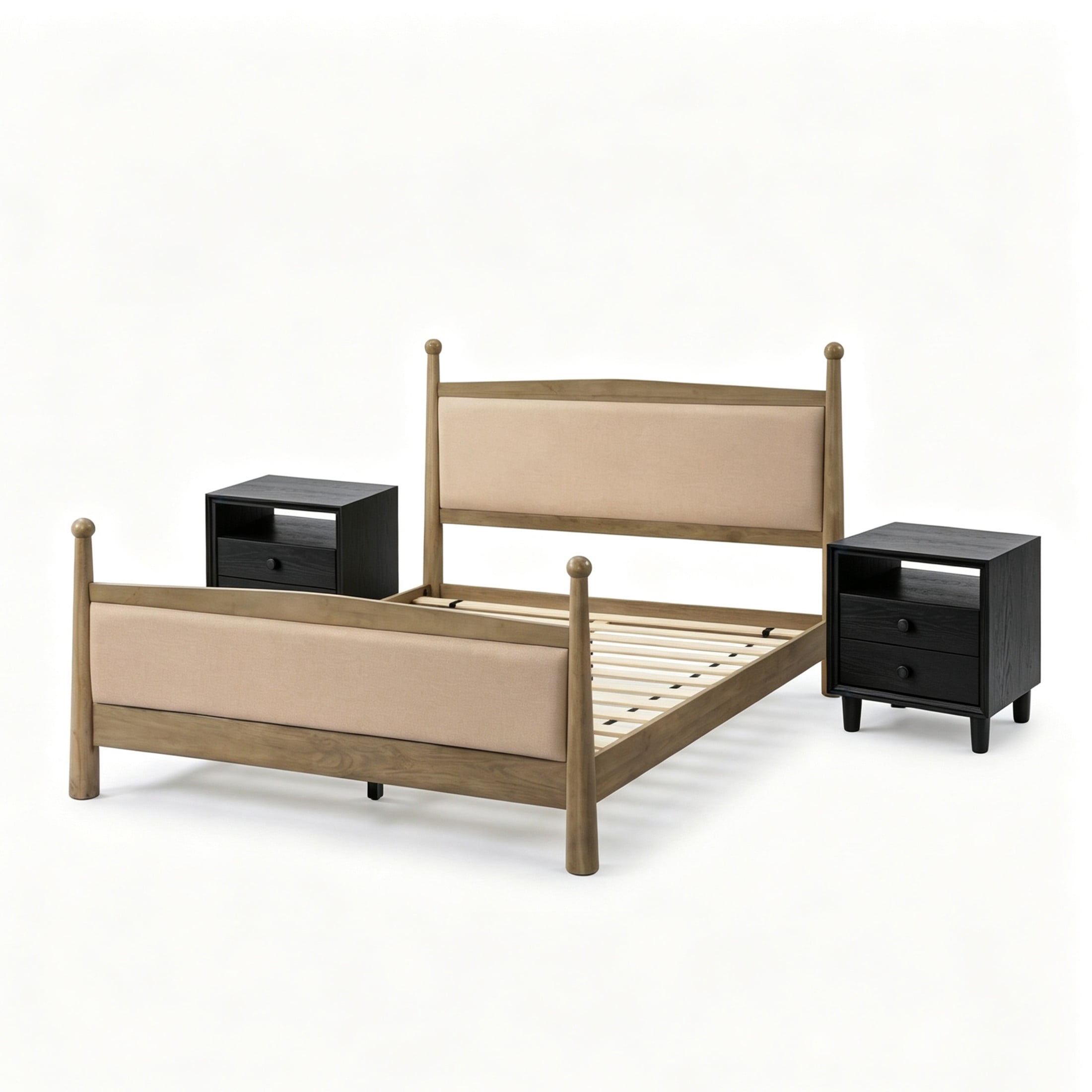 Christopher Knight Home Queen Bedroom Furniture Set with Upholstered Bed and 2 Nightstands, Natural+Black