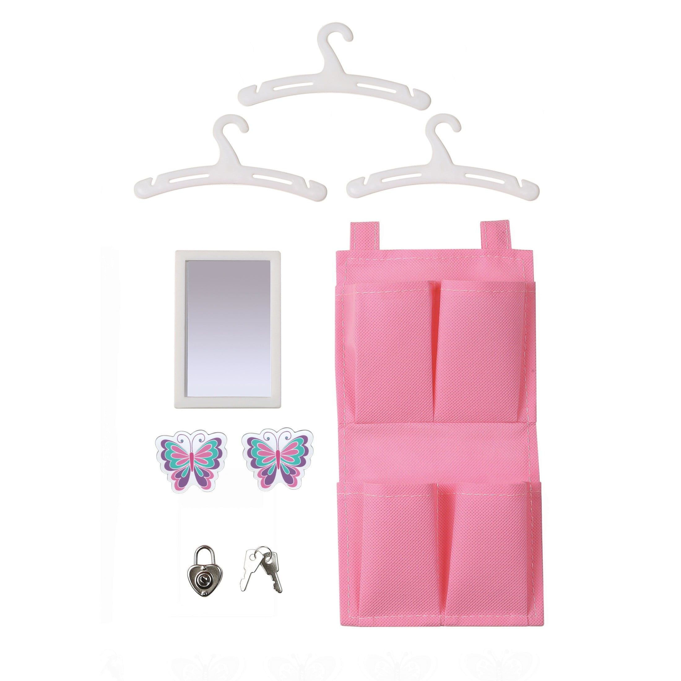 Badger Basket Doll Locker Set with Bench, Rug, and Accessories for 18 inch Dolls - Pink/Purple