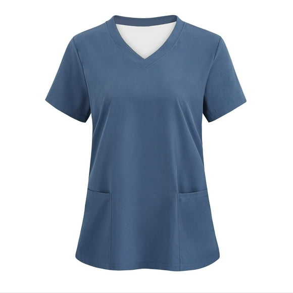 Scrub Tops for Women Solid Nursing Uniform V Neck Short Sleeve Work Shirts with Pocket Medical Tunic Blouse Workwear, Navy, XXL