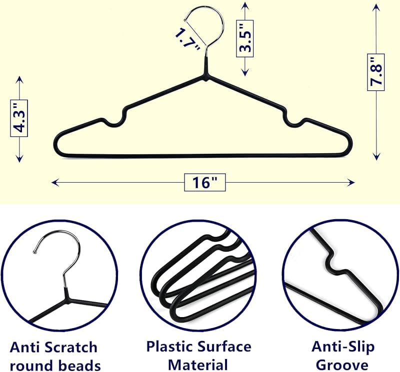 20 Pack Black Rubber Coated Metal Coat Hangers, 16" Non-Slip Clothes Hangers, Metal Hangers with Round Notches for Suit, Jacket, Shirt, Dress & Pants (Black)
