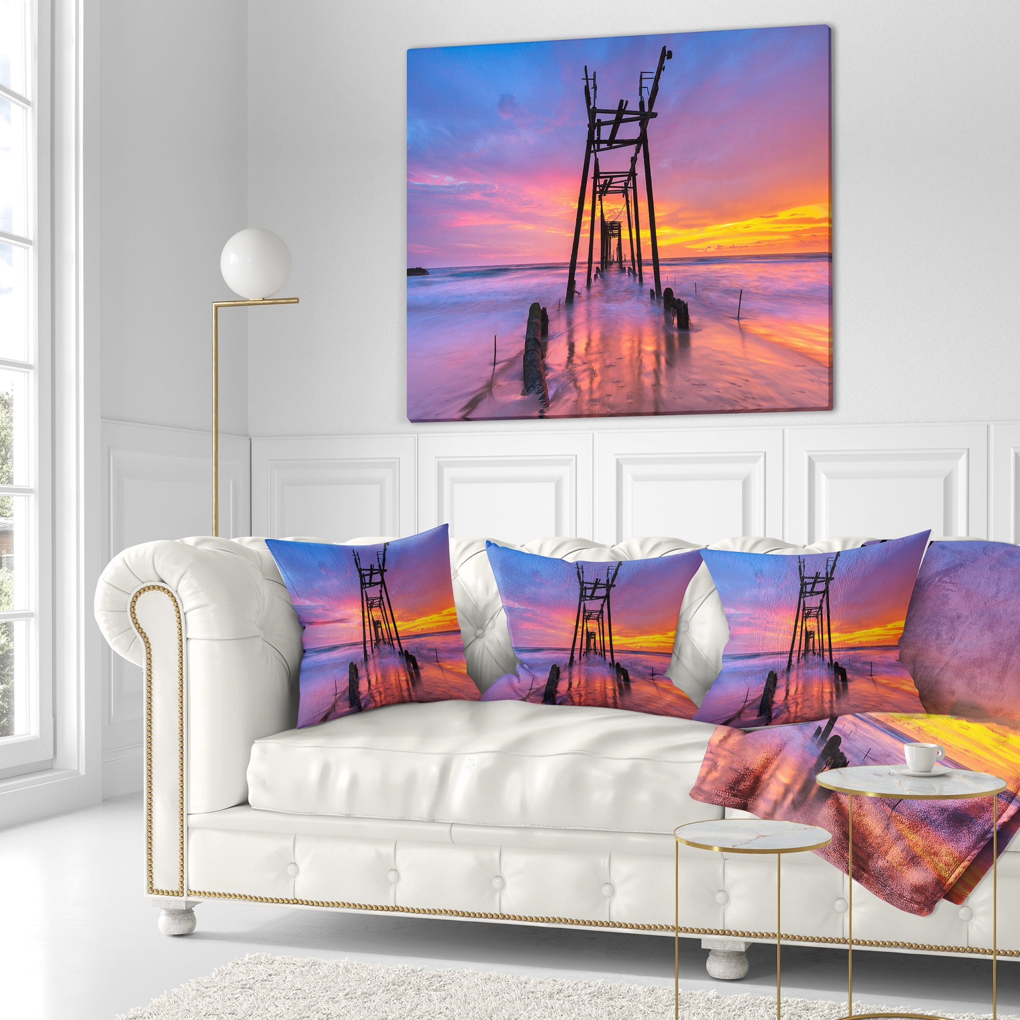 Designart Discarded Wooden Bridge at Sunset - Pier Seascape Throw Pillow - 18x18