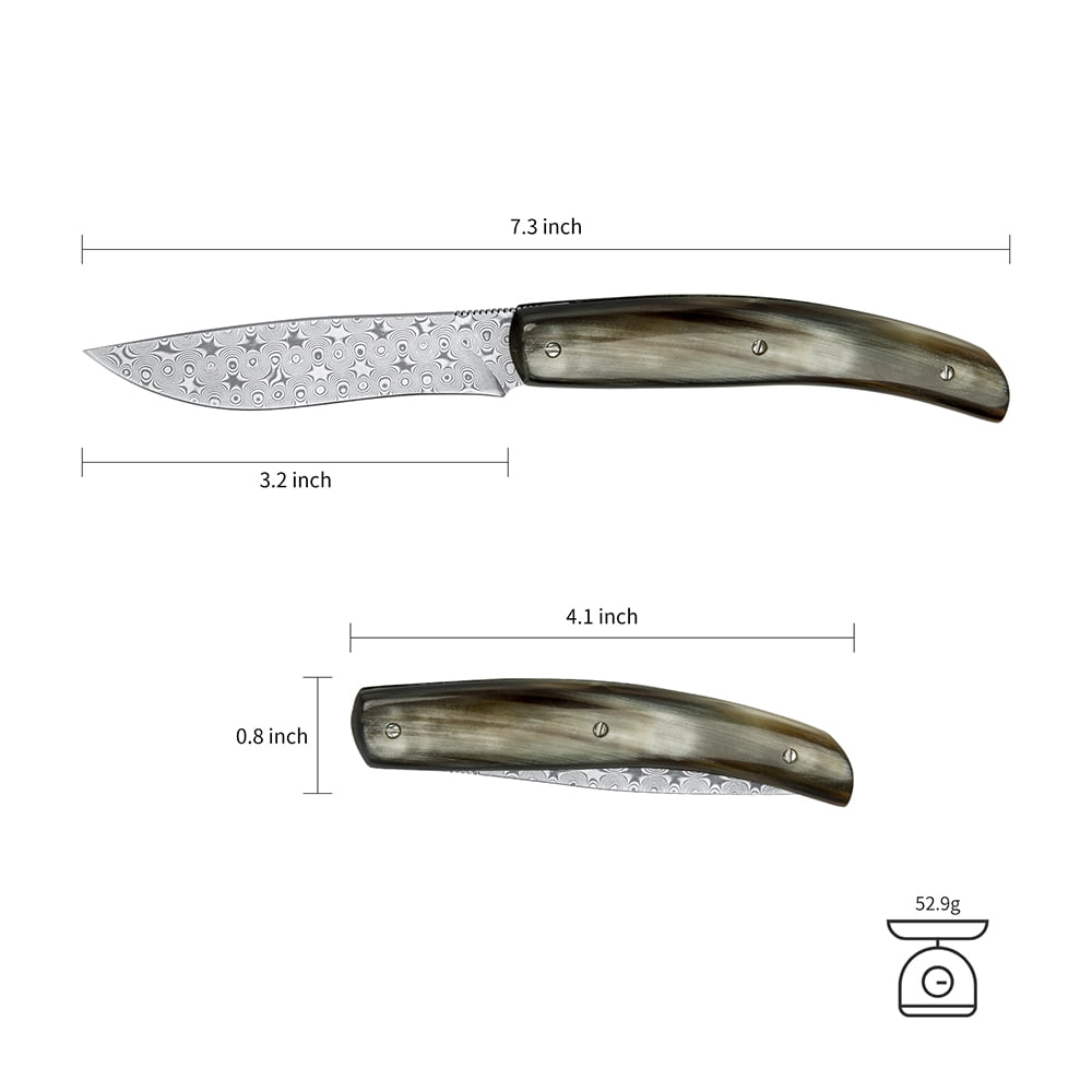 Dispatch 3.2 inch Blade Length Damascus Steel EDC Folding Knife with Cowl Handle and Rosette Blade
