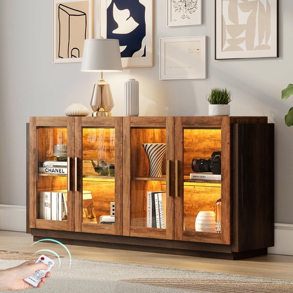 Stylish Sideboard Buffet Cabinet with LED Lights, Glass Door Storage Console Table, Adjustable Shelf for Dining and Living Room, Mixed Color Barnwood Brown Finish