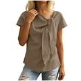 thumbnail image 3 of FAIWAD Shirts for Women Summer Tie Neck Bow Knot Linen Tops Trendy Casual Business Short Sleeve Blouse, 3 of 8