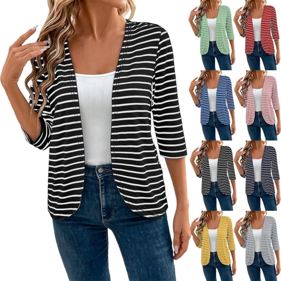 Cardigan for Women Cardigan Sweaters Fall Fashion Clothes 2026 Women's Casual Striped Long-Sleeve Cardigan Jacket/Top Black S