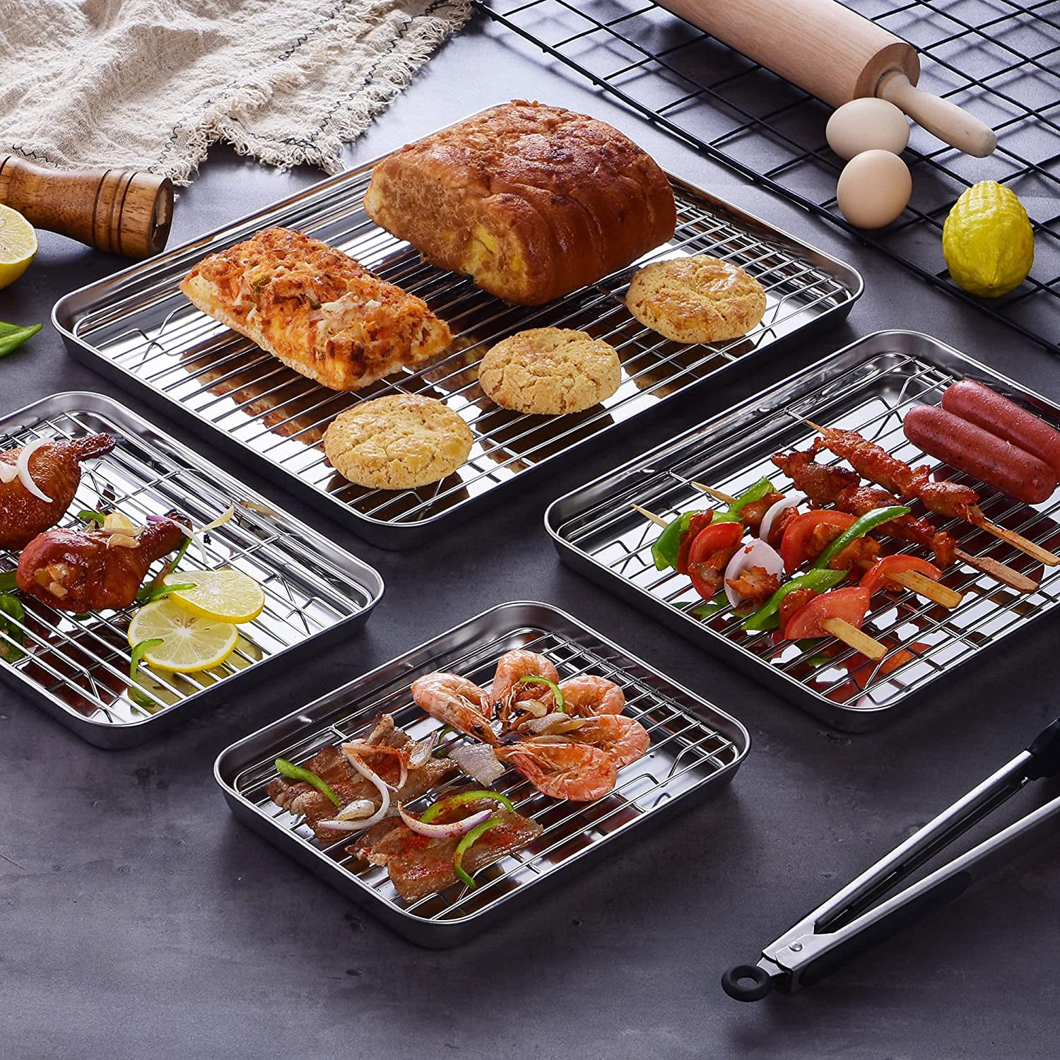  Stainless Steel Baking Sheet with Rack Set, E-far 12.4”x9.7” Cookie  Sheet Broiling Pan for Oven, Rimmed Metal Tray with Wire Rack for Cooking/ Baking/Cooling/Bacon, Non-toxic & Dishwasher Safe: Home & Kitchen