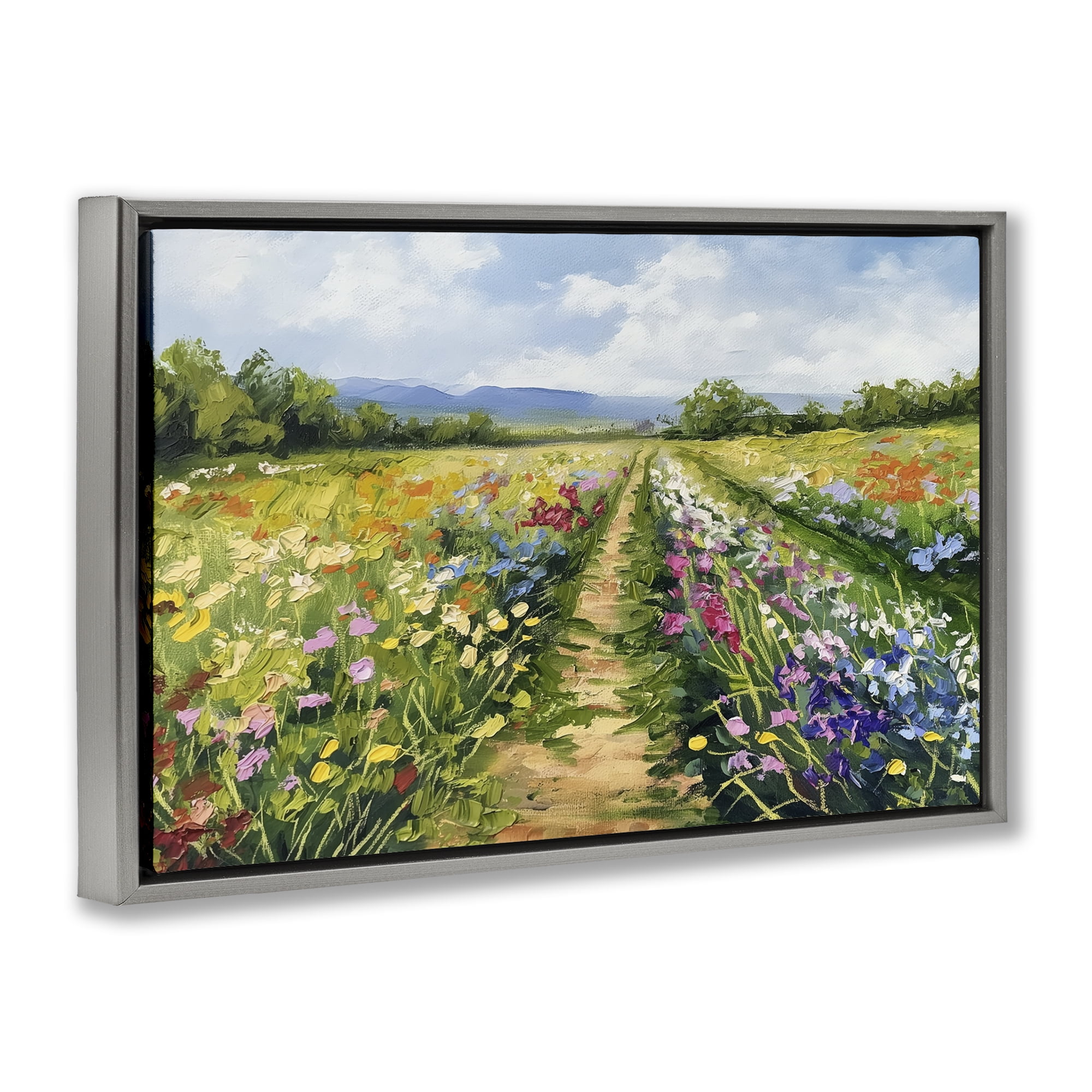 Stupell Industries Bright Hued Wildflower Path Landscape & Nature Painting Gray Floater Framed Canvas Art Print Wall Art, 25 x 17