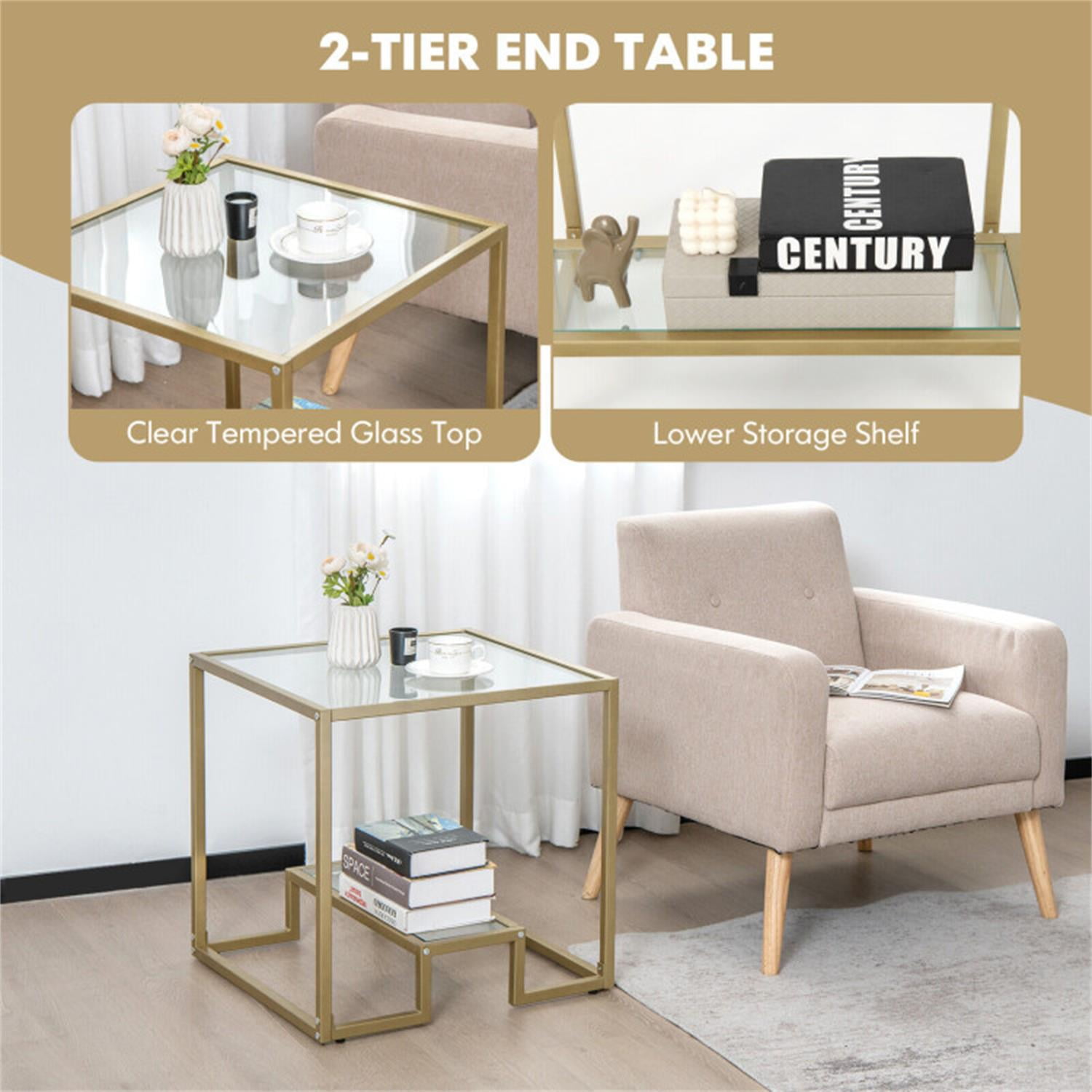 Demi Bonn 3-Piece Coffee Table Set, Modern 2-Tier Rectangular Coffee Table with Glass Table Top & Set of 2 Square Sofa Side Table with Tempered Glass Tabletop, for Living Room, Gold