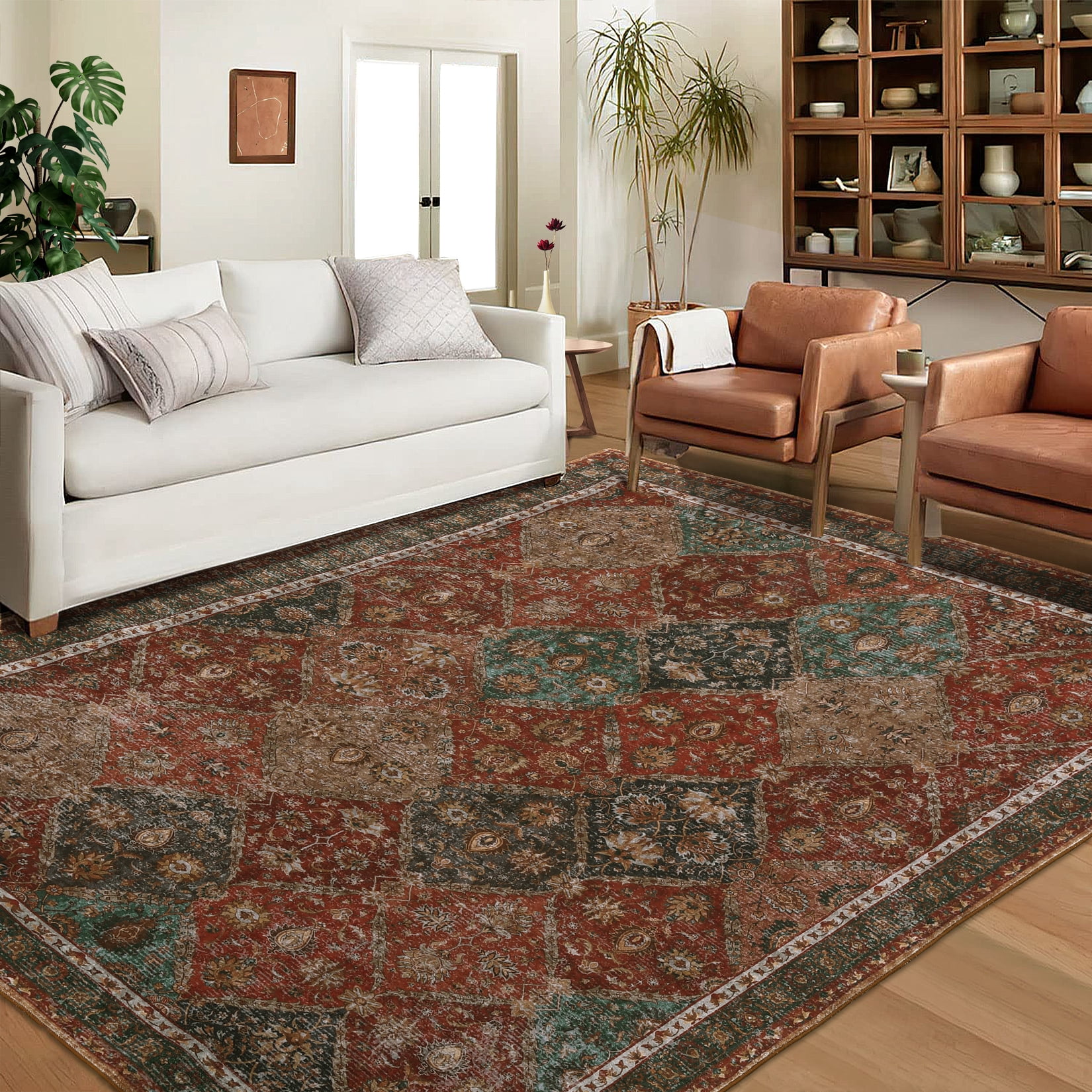 Hasoo Area Rug 5' x 7' Washable Rugs for Living Room Vintage Moroccan Carpet, Red
