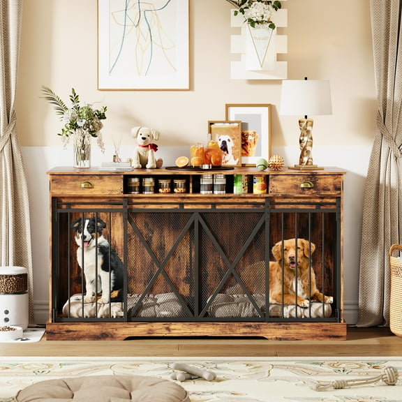 Roromall 63 in Large Double Dog Crate with Removable Divider, Heavy Duty Dog Kennel Furniture with 2 Drawers, Indoor Decorative Pet Cage TV Stand for 2 Pets