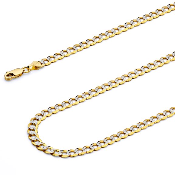 Wellingsale 14k Two Tone Yellow and White Gold Polished Solid 4.7mm Cuban Concaved Curb White Pave Diamond Cut Chain Necklace with Lobster Claw Clasp - 22"