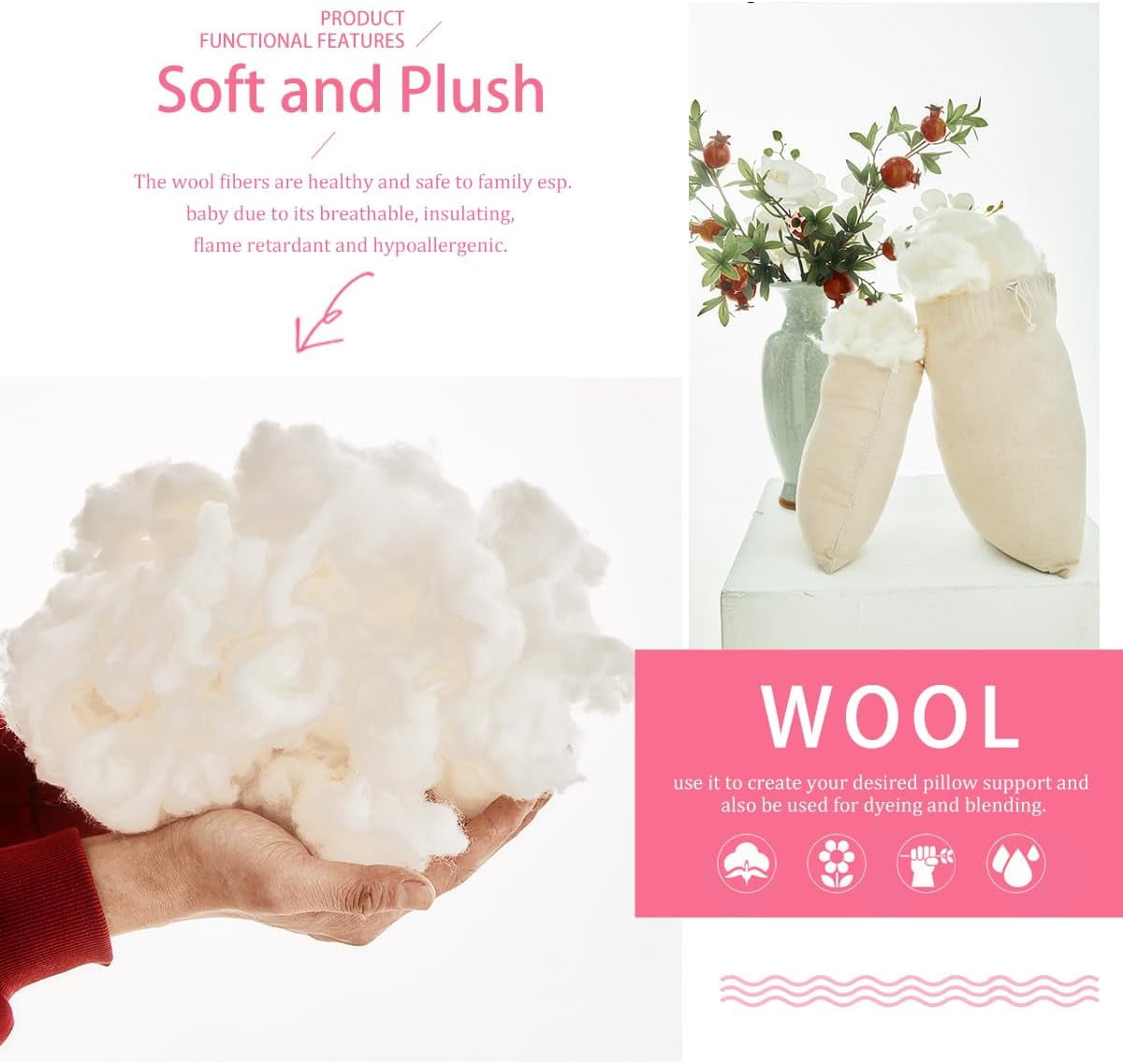 Lambs Wool Stuffing Super Clean Fine Wool for Felting Filler Roving Mercerized Wool for Crafts Needle Cushions Pillow Knitted Stuffed Toys Animals Blending and Dryer Balls, Natural White