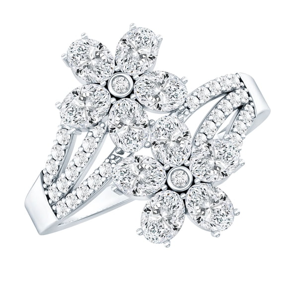 Rosec Jewels Lab Created Diamond Ring (Ef-Vs Quality) - Twin Flower Cocktail Ring - Large Ring for Women with Jewelry Box, 925 Sterling Silver, US 4.00