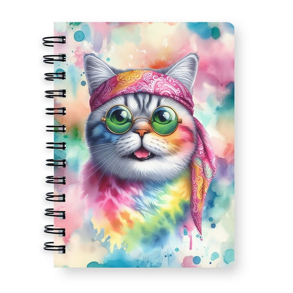 Hippie British Shorthair Portrait Watercolor Tie-Dye Vintage Styles Spiral Bound Journal Cat Lover Kitten Owner Gifts 5x7in Spiral Notebook - 00014