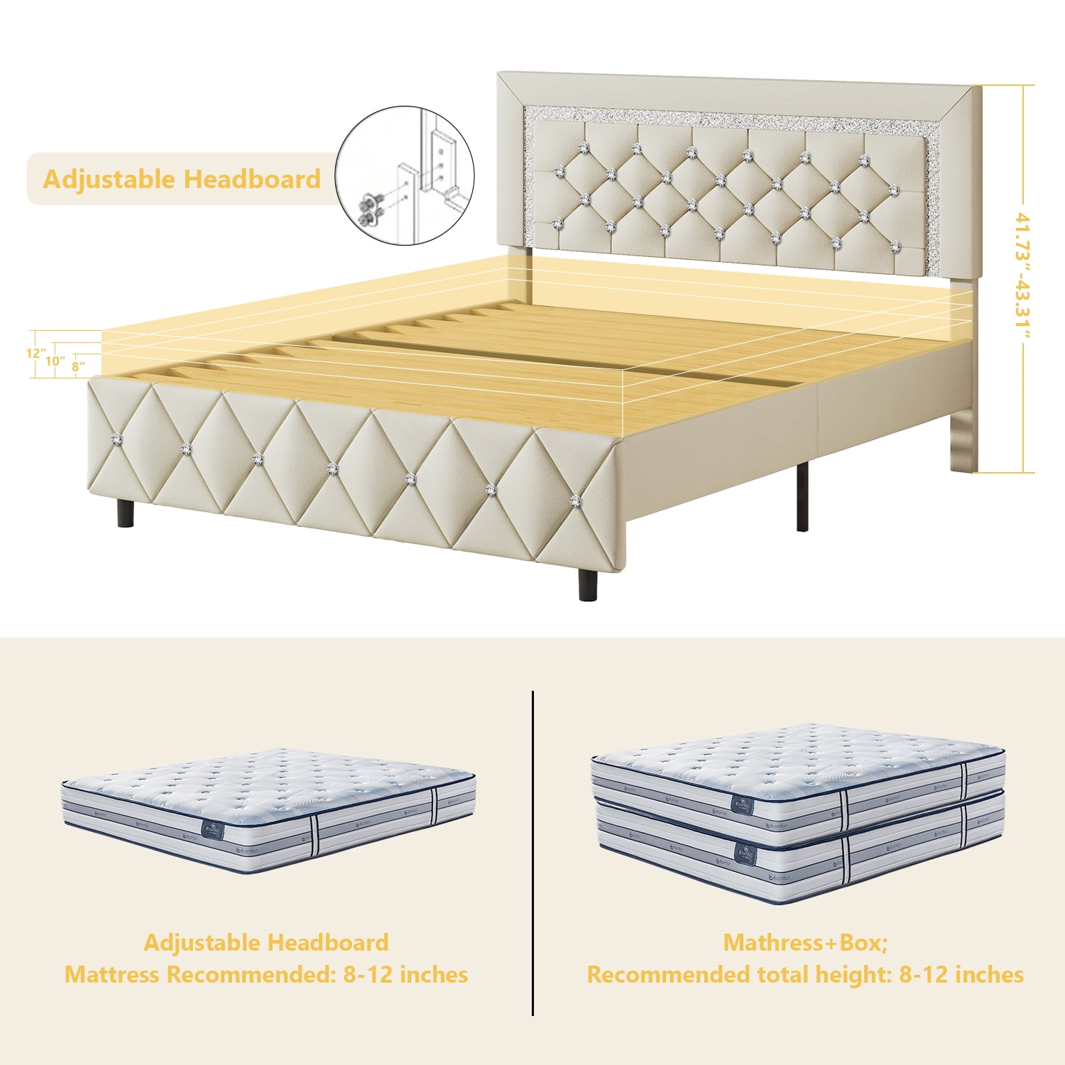 4 EVER WINNER Full Bed Frame, Upholstered Platform Bed Frame with Headboard and Footboard, Diamond Headboard and Footboard Design, Beige