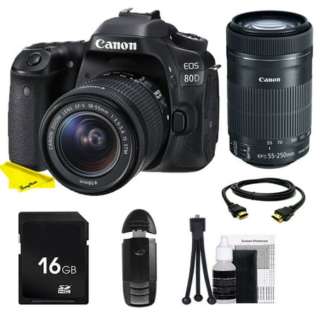Canon EOS 80D DSLR Camera with 18-55mm IS STM & 55-250 IS STM Lenses + SD Card + Buzz-Photo Beginners Bundle