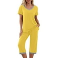 thumbnail image 2 of AWZXDE Women's Capri Pajama Set V Neck Short Sleeve Top with Pockets Casual 7/8 Pants Sleepwear Yellow,XXXL, 2 of 9