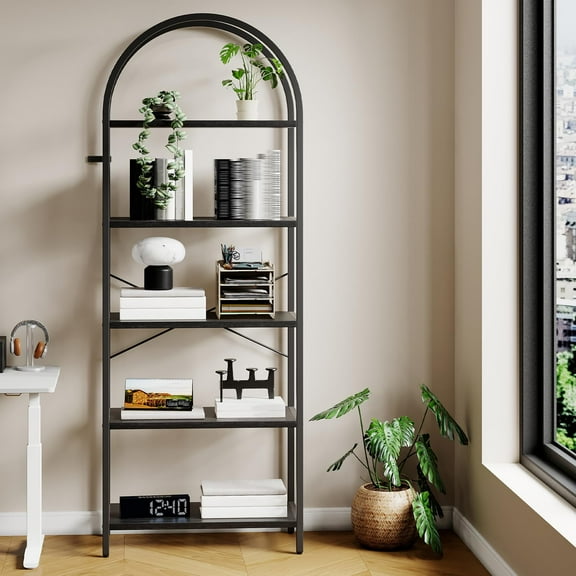 EcoSummer Bookcase 5 Tier, Floor Standing Book Shelf with Metal Frame, Arched Display Racks, Wooden Shelf and Metal Frame Book Rack, Storage Rack Shelf for Living Room Home Office