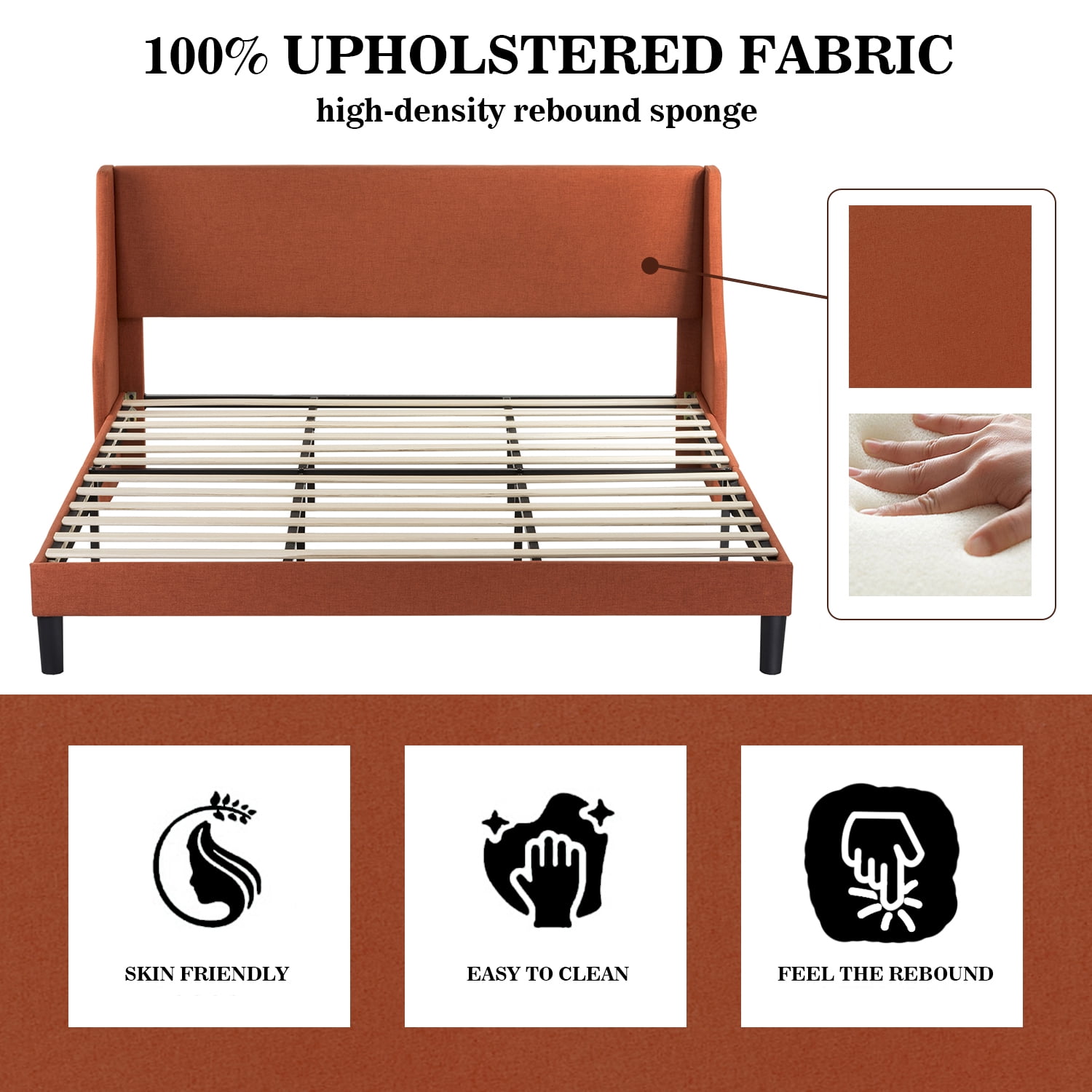 Allewie King Size Fabric Upholstered Platform Bed Frame with Wingback Headboard, Burnt Orange
