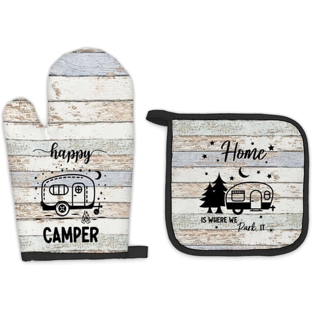 Camping Gifts Oven Mitts and Pot Holders Sets Happy Camper Gifts Rv Kitchen Accessories Sets Camping Themed Home is Where We Park It Heat Resistant Oven Glove Potholders for Kitchen Cooking