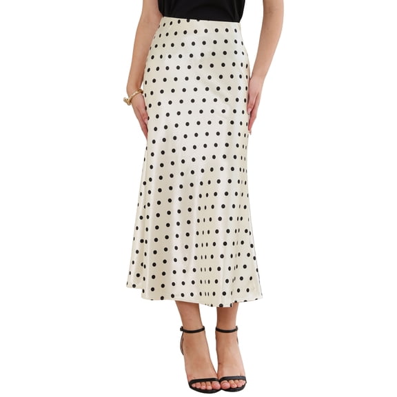 DARING DIVA Women's Silk Satin Polka Dot Midi Skirt with Design Small Light Apricot