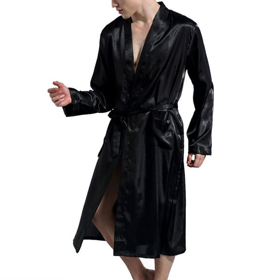 Previn Men's Satin Robe Kimono Bathrobe Long Sleeve Soft Lightweight Summer Luxury Halloween Belted Valentines Day Pajamas Black Large