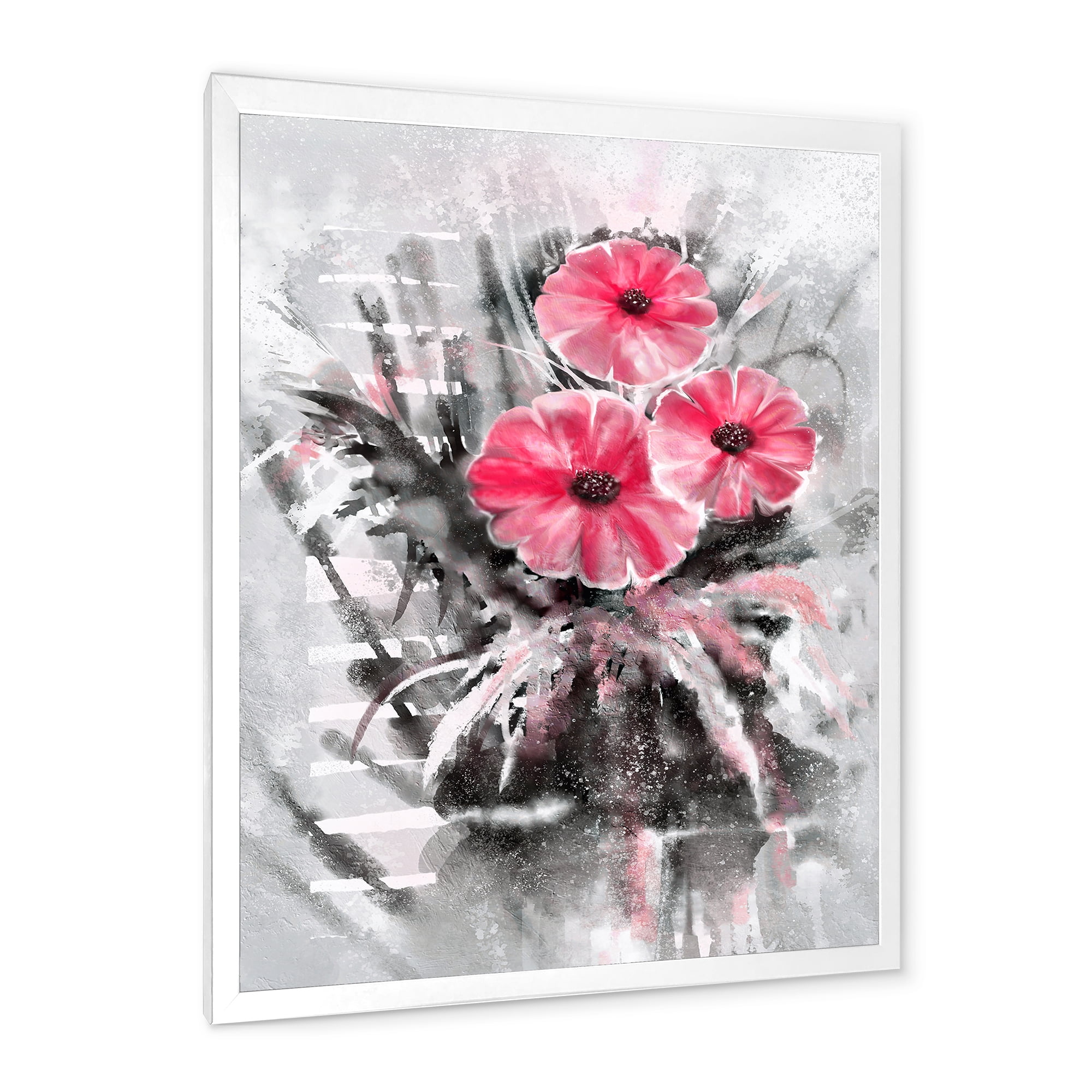 Designart 'Abstract Red Flowers On Gray Background' Traditional Framed Art Print