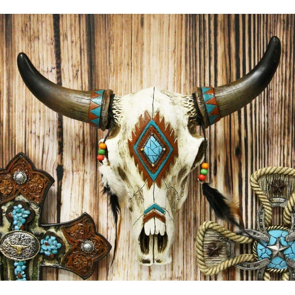 Ebros 12.5"L Southwest Steer Bison Bull Horned Skull With Feathers Wall Decor