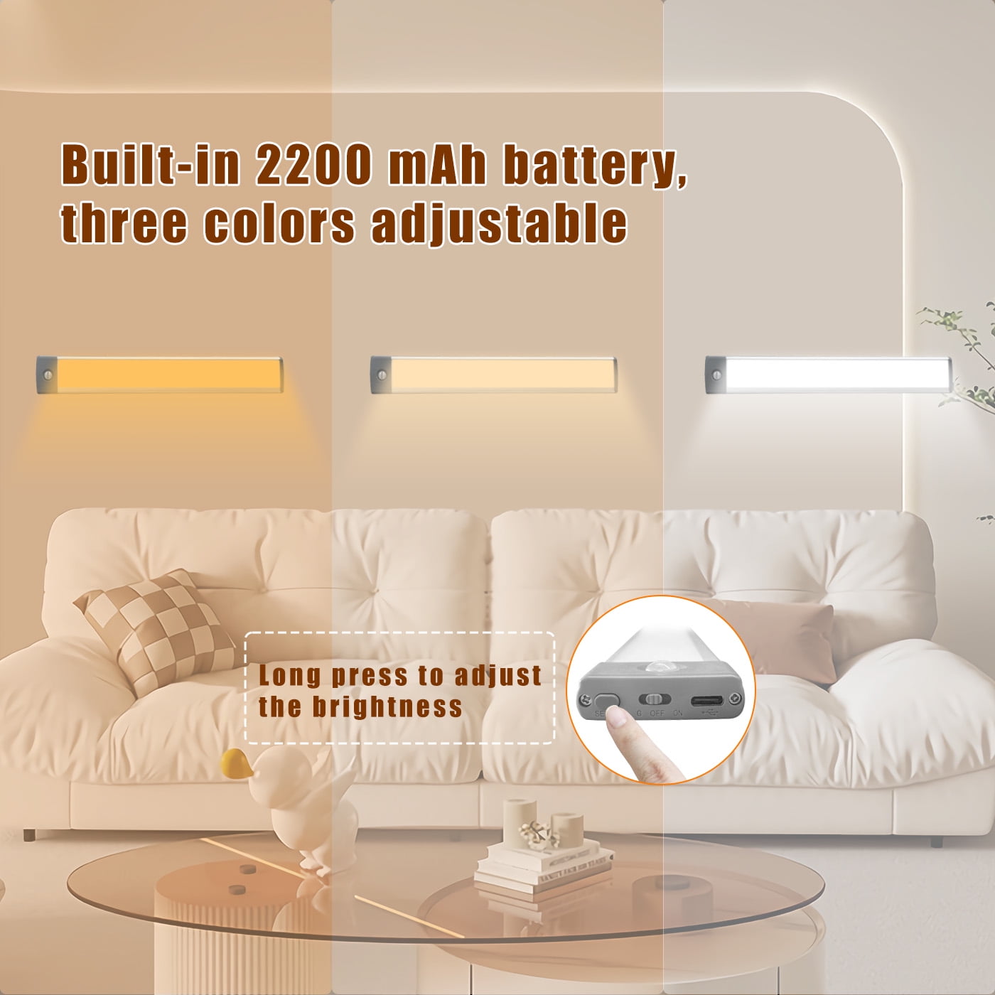 Lepotec 2pc 60LED Under Cabinet Lighting, 3 Colors Wireless Closet Lights, 2500mAh Rechargeable Battery Operated Light for Kitchen, Hallway, Stairway