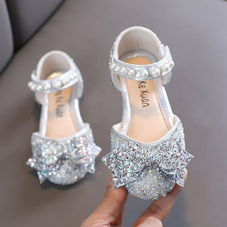 

kpoplk Baby Dress Shoes Performance Dance Shoes For Girls Childrens Shoes Pearl Rhinestones Bowknot Shining Baby Sandals Girl(Silver)