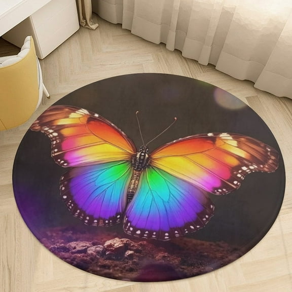 Rainbow Butterfly Wings Round Area Rugs for Bedroom Living Room, 4FT Soft Comfy Indoor Circle Carpets, Floor Mat