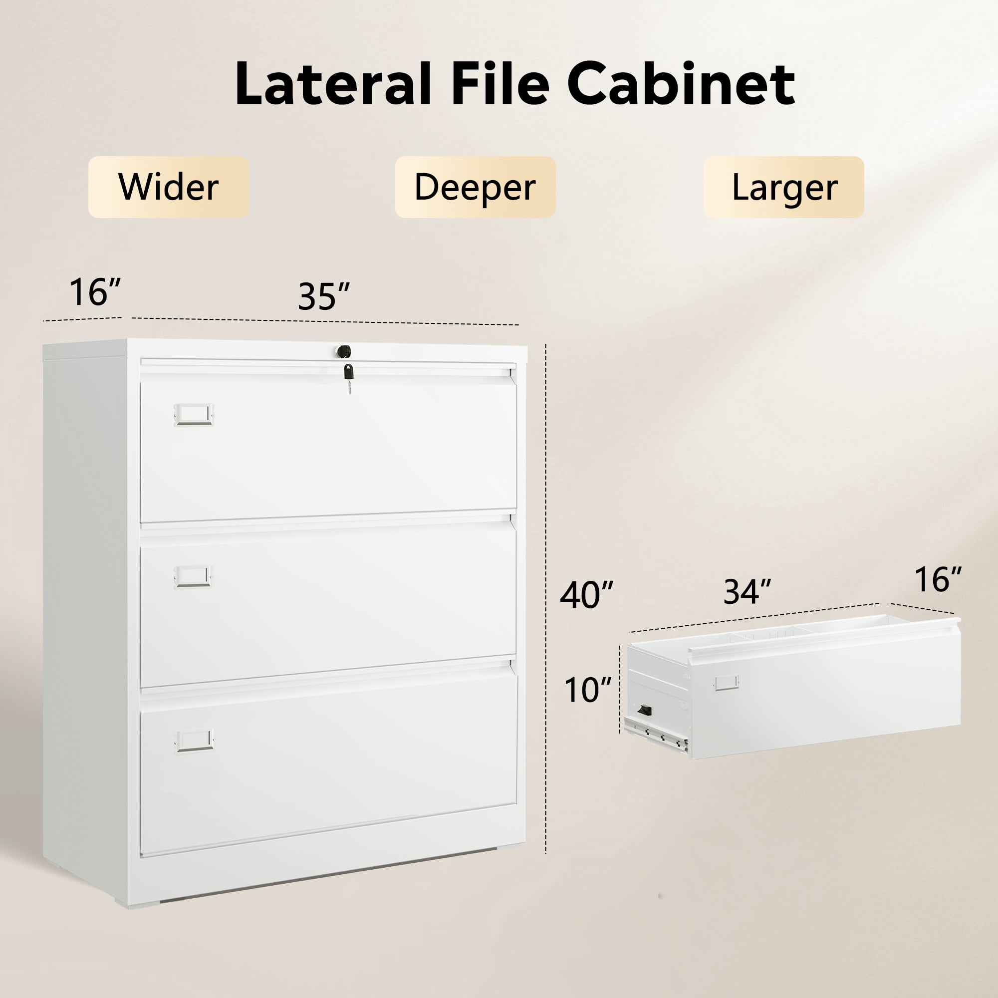 GALAXHERO Lateral File Cabinet with 3 Drawer, Metal Lockable Storage Cabinet for Home Office, Hanging Files Letter/Legal/F4/A4 Size, White