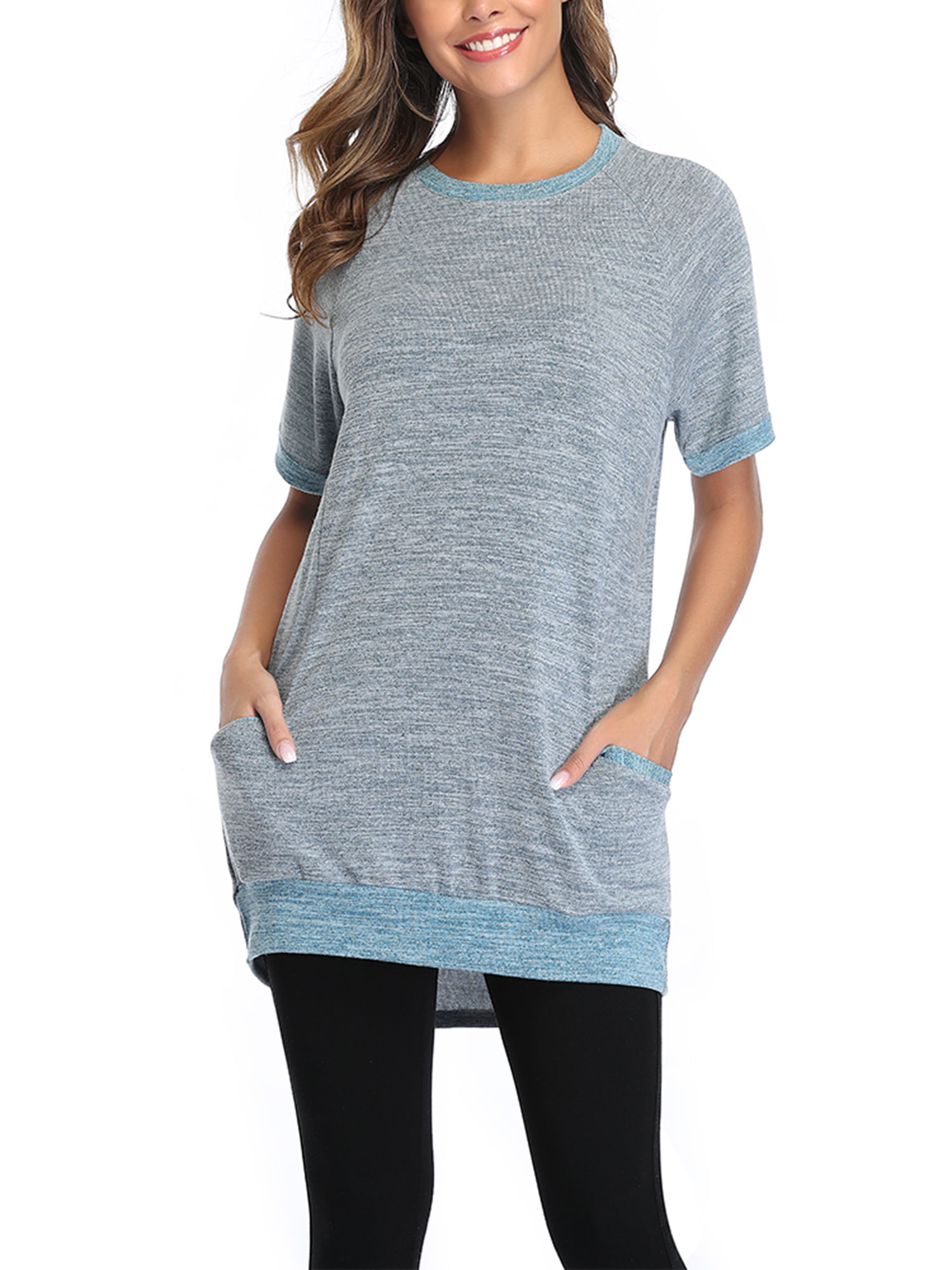 Short Sleeve Pocket T Shirt for Women Casual Summer Color Block Tunic ...
