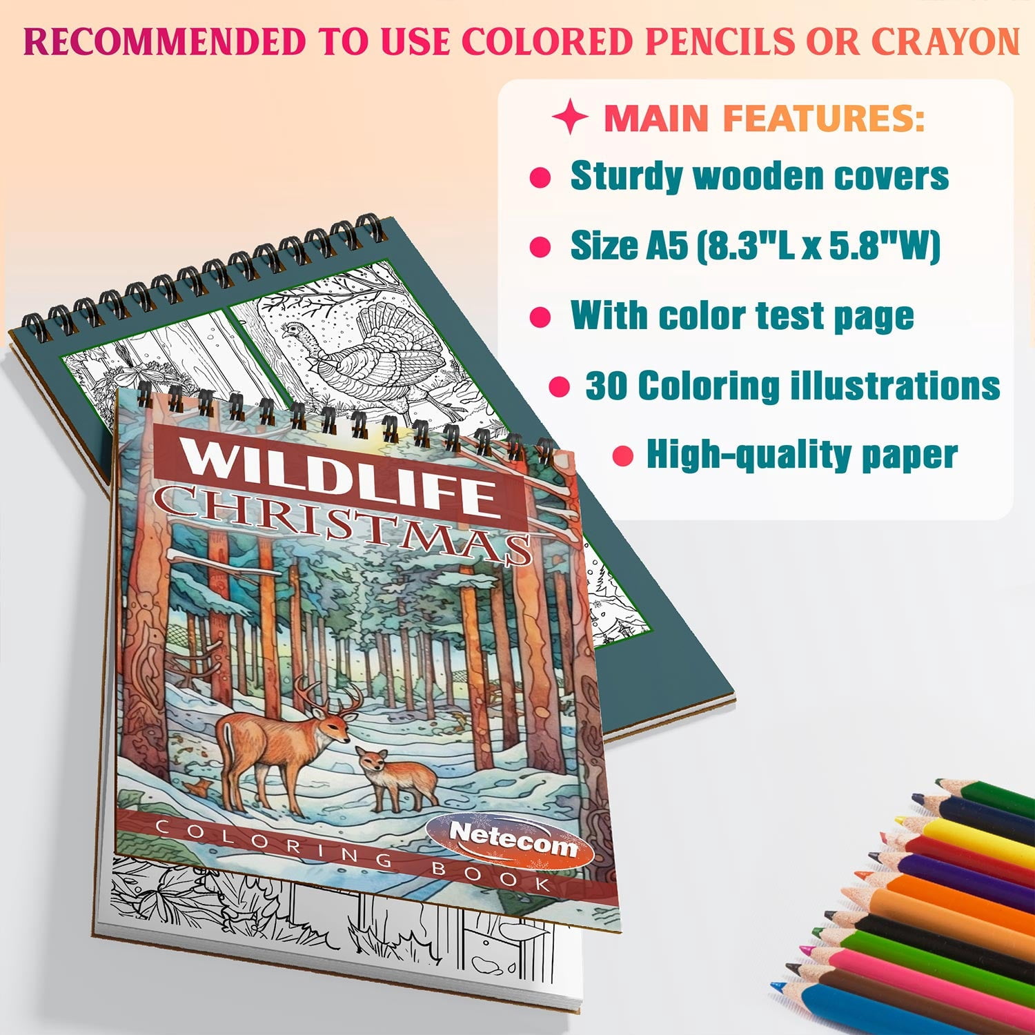 Netecom Christmas Wild Life Coloring Book Spiral Bound for Adults, A5 Wooden Cover, 30 Illustrations Coloring Pages of Wildlife in Winter Scenes for Stress Relief and Relaxation