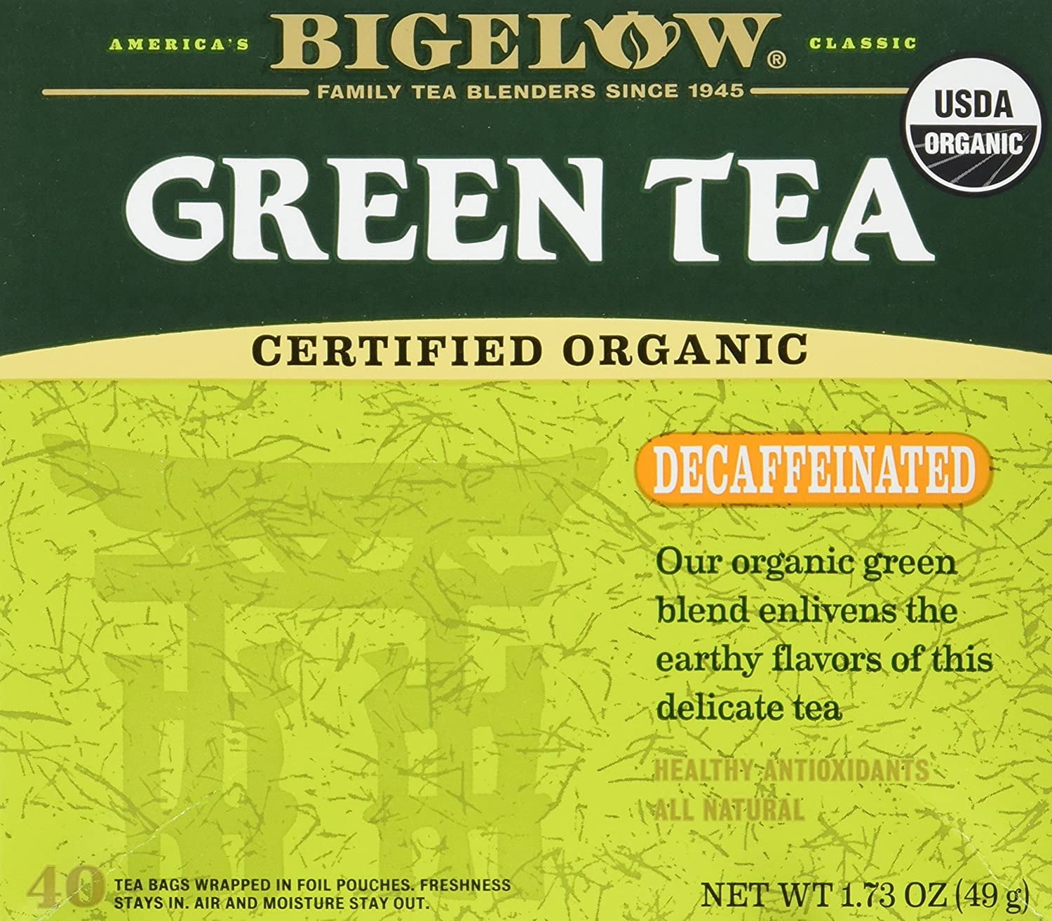 Bigelow Tea Organic Green Tea Decaffeinated -- 40 Tea Bags Pack of 2