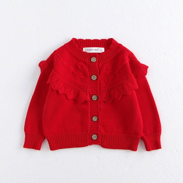 Girls Cotton Cardigan Embroidered Solid Color Ruffle Trim Lightweight Knit Sweater Open Front for Toddler 2-12Y