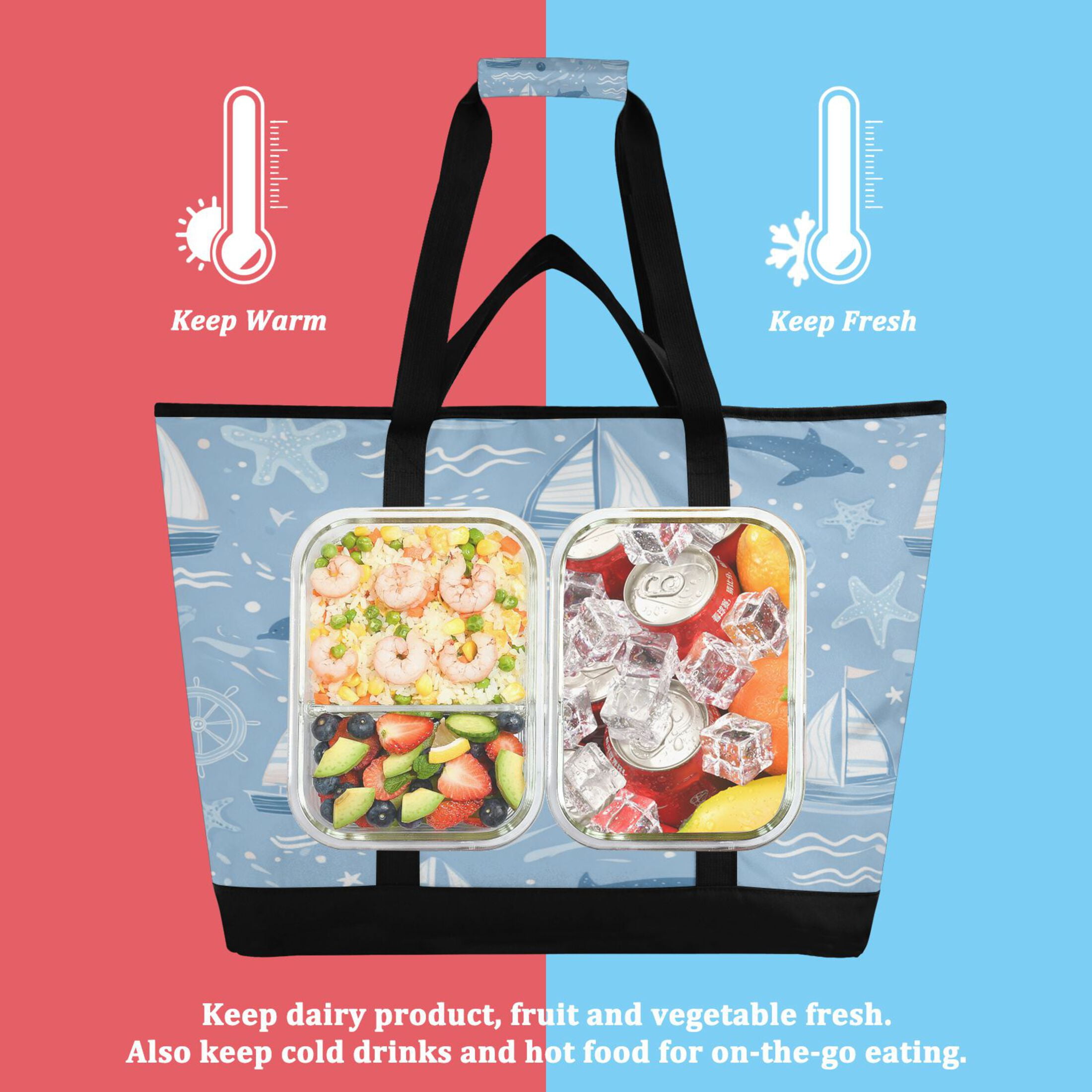 Extra-Large Wide Opening Design Capacity Hand-Held Ice Pack Thickened Insulation Layer For Long-Lasting Cold Retention For Outdoor Shopping Picnics And Camping Light Blue Marine Animal Design