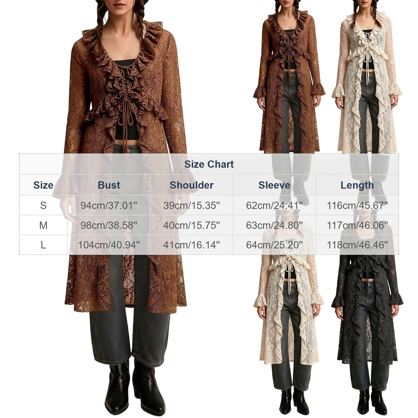Fengqque Women Print Sheer Lace Maxi Duster Open Front Ruffled Trim Drawstring Long Sleeve Lightweight Layering Outer Cover Up Coffee S
