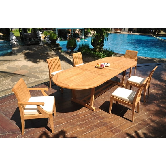 Grade-A Teak Dining Set: 6 Seater 7 Pc: 118" Double Extension Mas Oval Trestle Leg Table And 6 Lagos Chairs (2 Arm & 4 Armless Chairs) WholesaleTeak #WMLG37