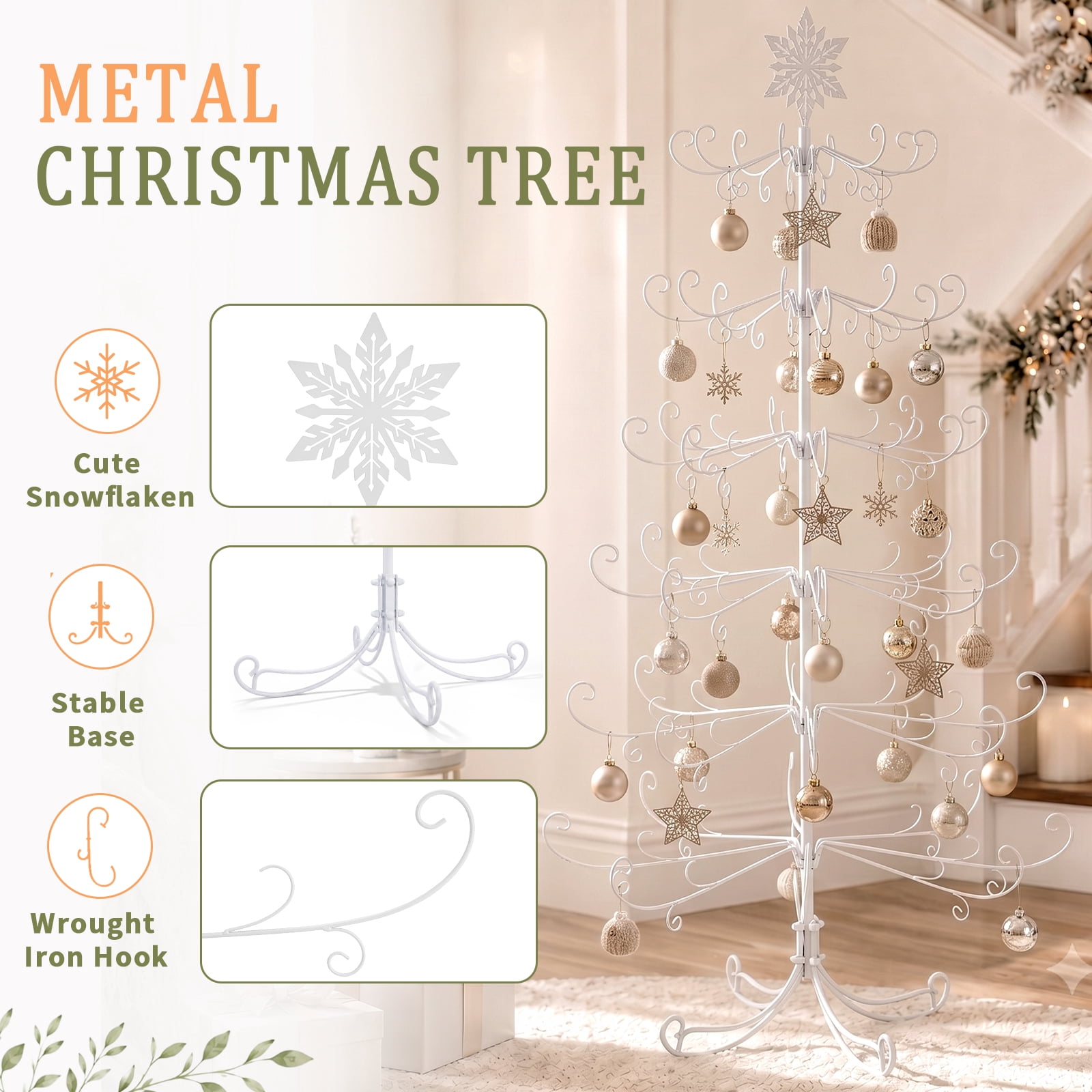 6ft White PVC Metal Artificial Christmas Tree with Snowflake Topper, No Extra Ornaments, Daily Decor Tree