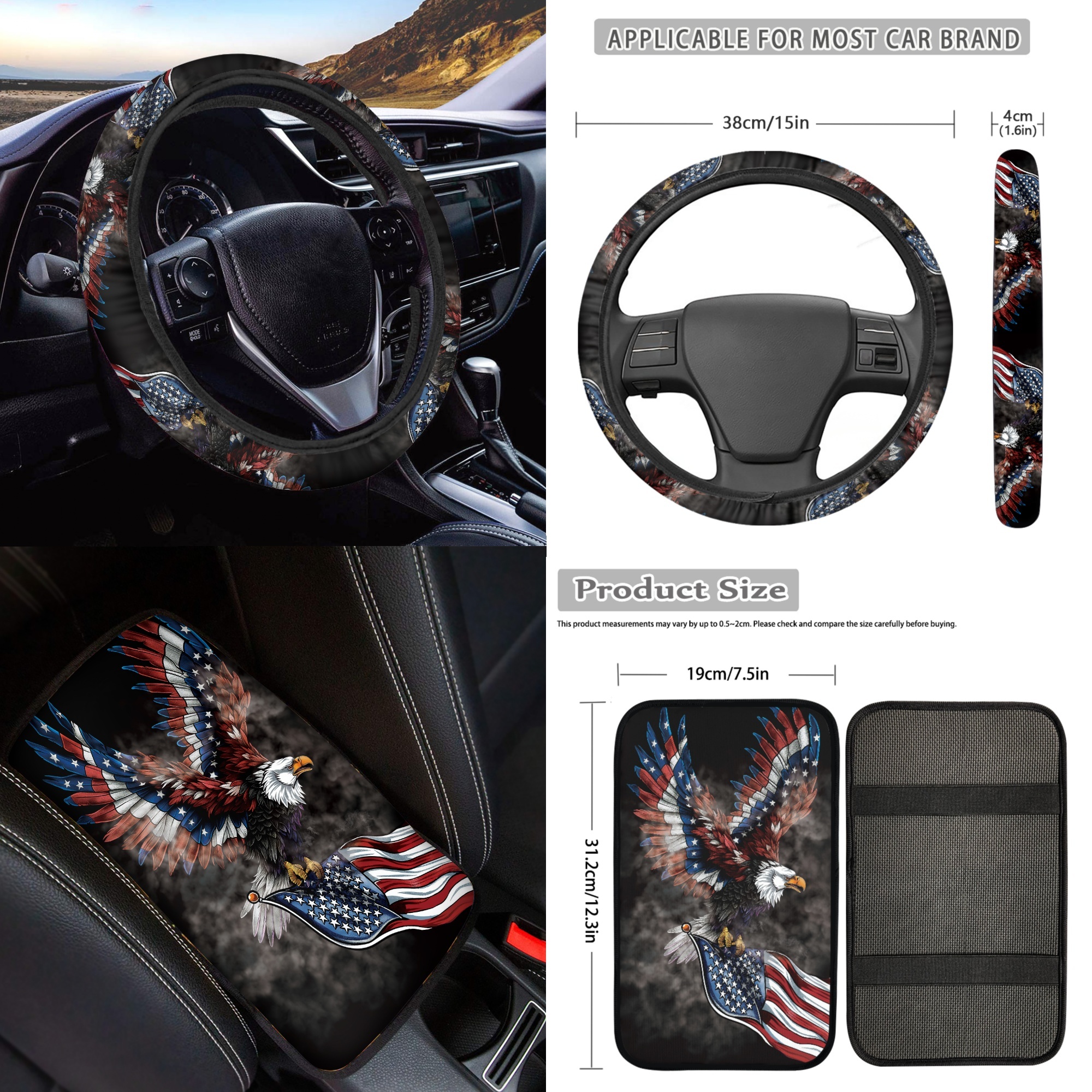 Jeiento Eagle Car Seat Cover Full Set with American Flag Floor Mats Steering Wheel Cover Seatbelt Pad Armrest Cover Coasters Keychains Lipstick Holder Universal Auto Interior Accessories Set of 17