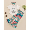 thumbnail image 2 of Bagilaanoe 3pcs Little Girl Long Pants Set Letter Print Short Sleeve T-Shirts Tops + Flare Trousers + Headband 4T 5T 6T 7T 8T 9T Kids Casual Outfits, 2 of 9