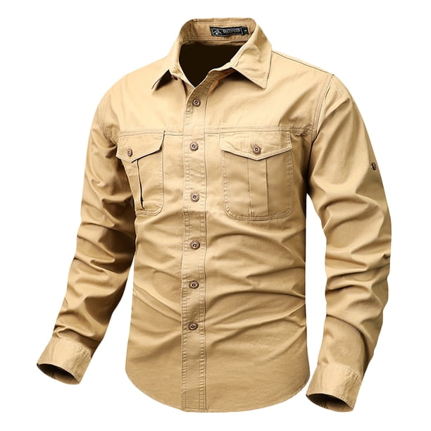 Blusa y camisa de manga larga con cuello vuelto para hombre, estilo informal, color liso, con bolsillos y botones, estilo cárdigan, de poliéster y algodón.