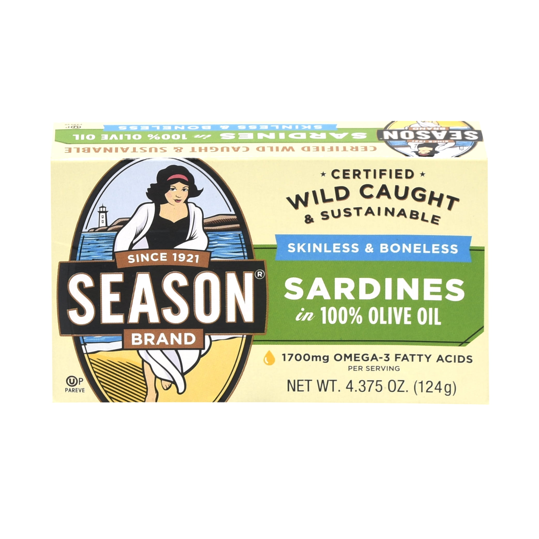 Season Imported Sardines in Pure Olive Oil Skinless & Boneless Salt Added, 4.375 OZ